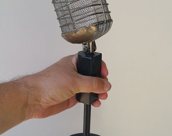 Antique table top microphone broadcast news radio decor, home theater, music room, DJ mike man cave recording star Pyle, Shure, Blair Buttke