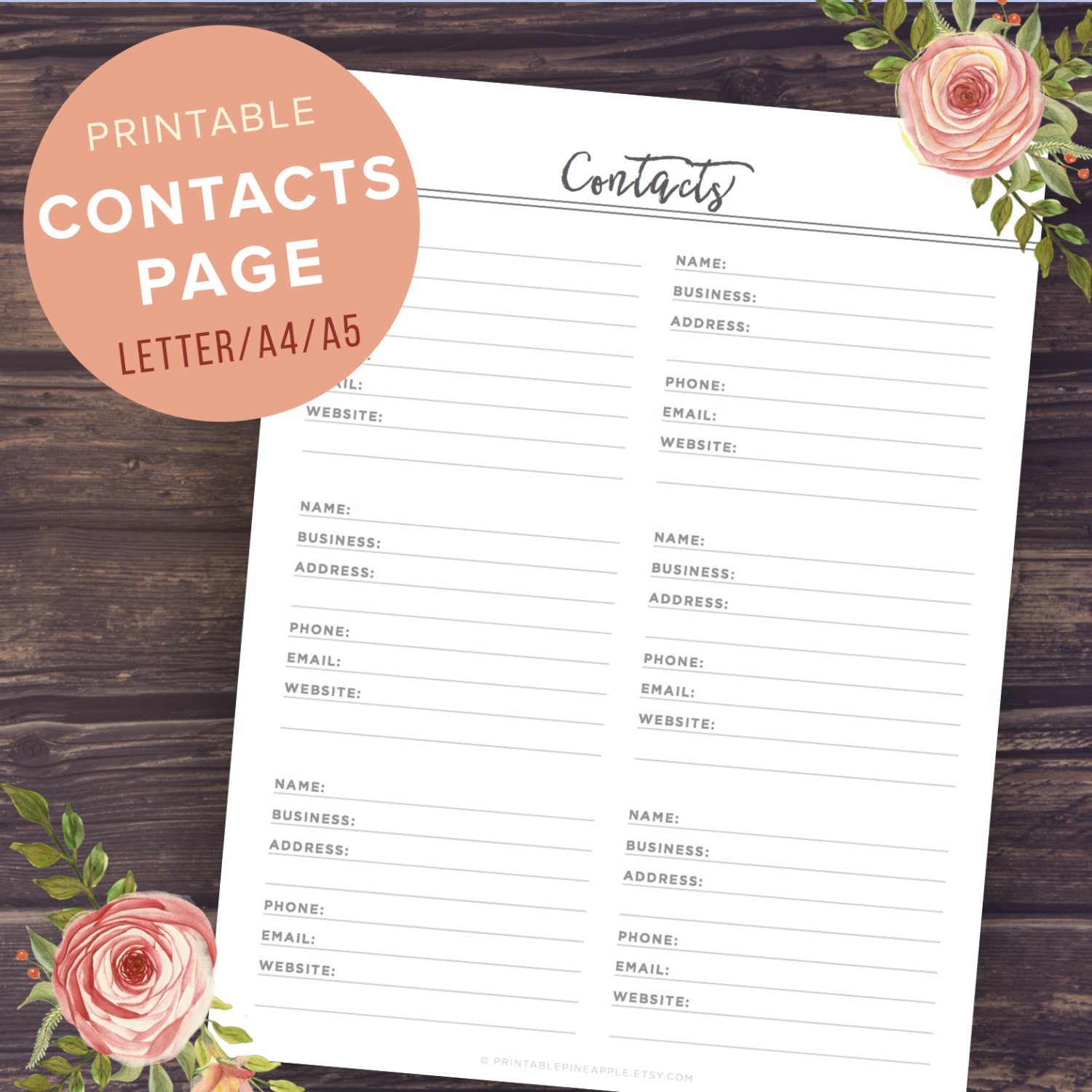 Contact Page Address Book Printable Phone Numbers A5 A4