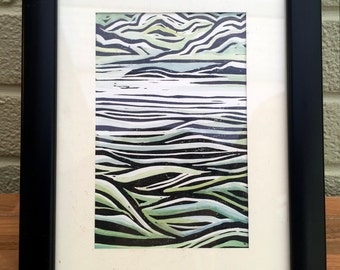 Vertical Seascape - Hand printed and painted