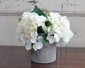 Cream / White Hydrangeas Faux Flower Arrangement in Faux Bark Ceramic Planter, Modern Rustic Home Decor