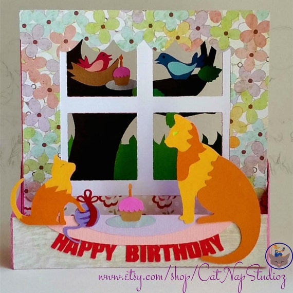 Download SVG File: Kitty and Birdie 3D Birthday Card SVG by CatNapStudiozzz