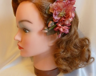 Muted pinks vintage hair flower, 1940s, 1950s, aunthentic vintage, silk hair flower