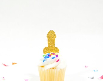 Bachelorette Penis Cupcake Toppers Set of 12 - Bachelorette Penis Decorations - Penis Party Supplies - Glitter Penis Cupcake Toppers