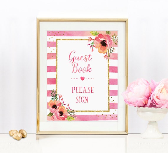 Floral Pink and Gold Glitter GuestBook Please Sign - 8x10 Bridal Shower Sign / Bachelorette / Wedding sign