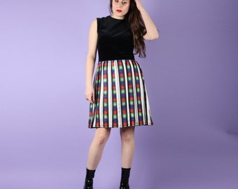 60s Vintage Black Velvet Check Dress