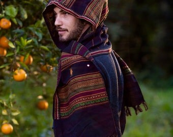Black Hooded Scarf with hood Embroidery Tribal Pattern Gypsy Jungle Nomadic Kashmiri Festival Nomadic Primitive Earthy Rave AJJAYA Ethnic