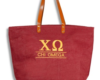 XO Chi Omega Monogrammed Sorority Jute Line Tote