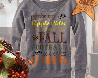 Pumpkin Spice Latte Apple Cider Fall Football Corn October Fest Pumpkin Sweatshirt. Autumn Sweater. Off Shoulder.