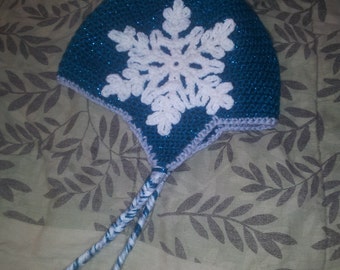 Crochet Earflap Hat With Snowflake Size 6-10 years