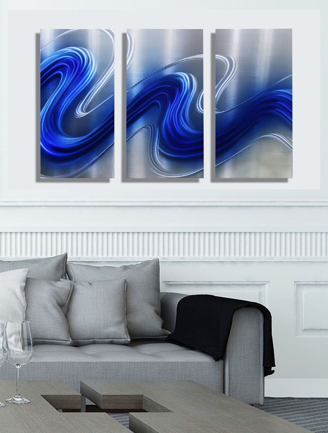 Blue & Silver Abstract Metal Wall Art Modern Painting