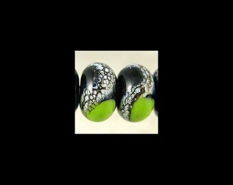 Handmade Glass Lampwork Bead Pair Small 11x7 mm Black and Bright Green