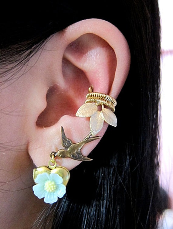 Bird Ear Cuff Bird Earrings Bird Jewelry Locket Earrings