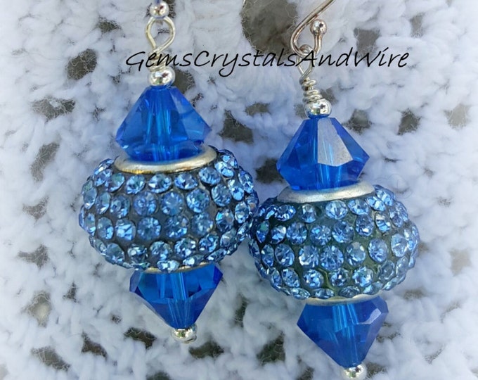Sterling Silver, Crystal, European Style, Bead Earrings, Blue Rhinestone, Swarovski Crystal, Capri Blue