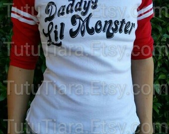 SALE Harley Quinn Shirt, Suicide Squad Daddy's Lil Monster JUNIORS Red Sleeve Shirt Cosplay Costume