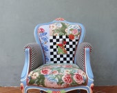 Alice in Wonderland Armchair Flowers and Woodwork Bohemian Magical Fairy tale Furniture Vintage Embroidery, Cheshire cat, Queen of Hearts