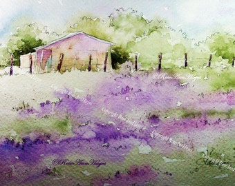 Lavender Field Watercolor Painting Print Landscape French
