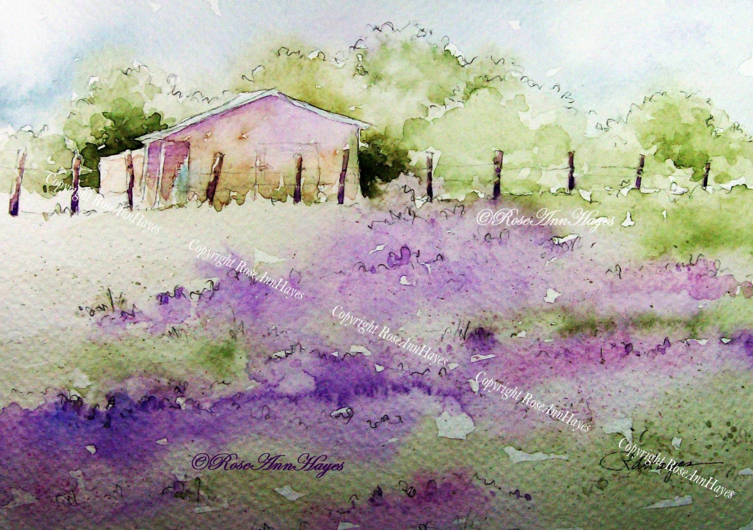 Lavender Field Watercolor Painting Print Landscape French