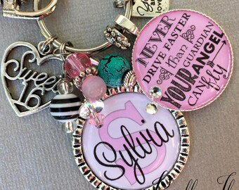 Sweet 16 gift PERSONALIZED Keychain TYPOGRAPHY Birthday Gift 16th birthday Never drive faster than guardian angel can fly milestone birthday