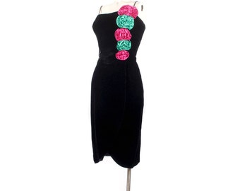 Vintage 80s Dress - 80s Prom Dress - 80s Party Dress - Black Velvet Dress - Black Party Dress - Pink Green - Black Wiggle Dress - Velvet