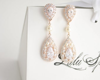 Crystal Tear Drop Earrings Rose Gold Wedding Bridal Earrings Wedding Jewelry Large Teardrop Bridal Earrings Cubic Zirconia Swarovski pearl