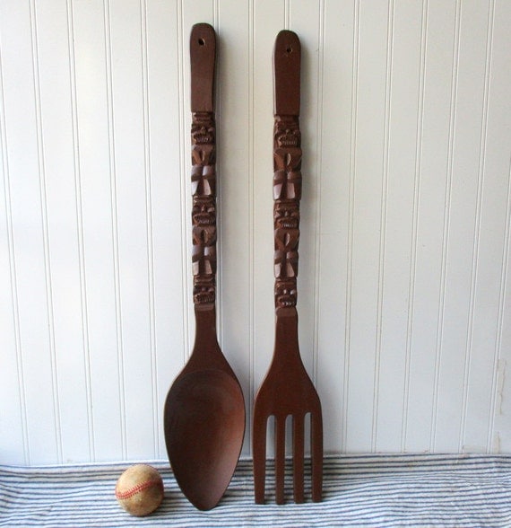 Giant vintage wooden spoon and fork big huge large oversized