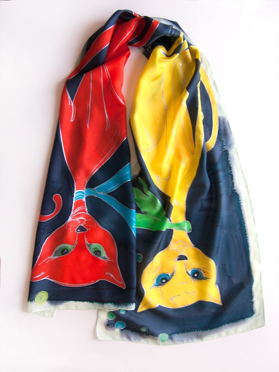 Silk scarf Red Cat Yellow Cat/ Hand painted scarf Crepe de