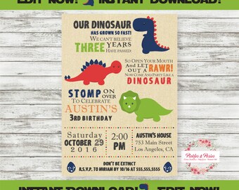 Editable Dinosaur Invitation - Dinosaur Party Invitation - Prehistoric Party - INSTANT DOWNLOAD - Edit at Home with Adobe Reader Now!