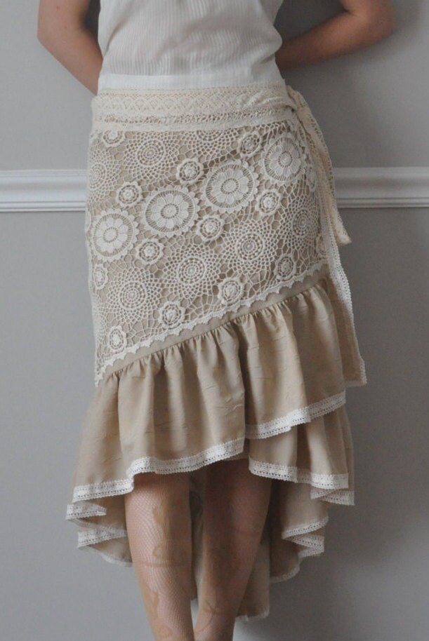 Wrap Skirt Ivory Cotton Crochet Lace / Beige Crinkled