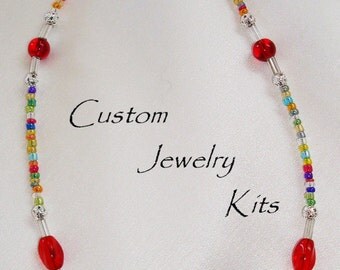 Simple DIY hoop eyeglass holder necklace kit Multicolor beads, red & filigree accents. Fast easy project to keep track of eyeglasses : )
