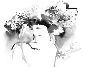 Original Watercolor, McQueen inspired , Headdress, Edgy Fashion Illustration, Watercolor Fashion Illustration, Black&white watercolor