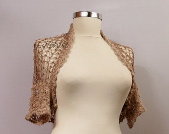 Shrug Bolero, Crochet Shrug, Knit Bolero, Crop Knit Shrug, Summer Wedding Shrug, Bridal Lace Shrug, Beige Tan Evening Gown / S M L