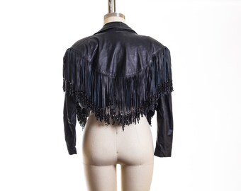80's Leather Western Black Cropped Beaded Fringe Jacket Size M