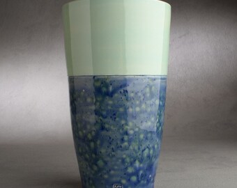 Ceramic Vase Wheel Thrown Pale Green And Blue Vase Utensil Holder by Symmetrical Pottery Ready To Ship