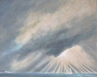 Original acrylic painting on canvas shafts of light highlight a yacht sailing out of an ocean storm