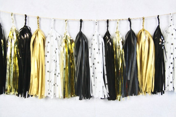 Black and Gold New Years Eve Tassel Garland, NYE 2017, Black and Gold Wedding Decor,Party Photo Booth Prop, Bachelorette Party Decoration Il_570xn