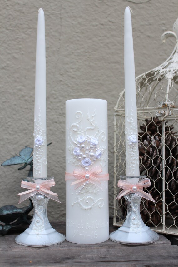 Beautiful wedding unity candle set in white with blush pink