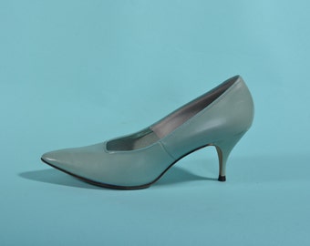 Vintage 1960s Teal Stiletto Shoes - Blue Leather High Heels - Bridal Fashions Size 6