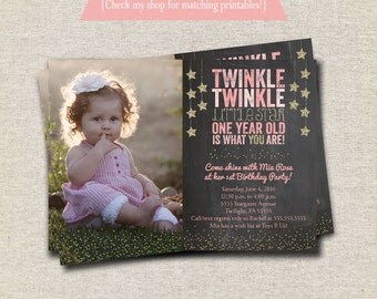 Twinkle Twinkle Little Star First Birthday Invitation, chalkboard, pink, gold, Twinkle Twinkle Little Star First Birthday Party Printables