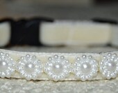 Pearl - Breakaway unique cream velvet handmade cat collar w/pearl ribbon - beautiful breakaway soft cat collar