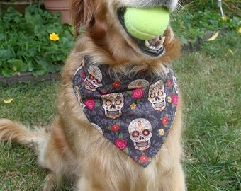 Sugar skulls Dog Bandana, day of the dead over the collar dog bandana, red rose dog bandana, sugar skulls, dia de los muertos, artsydogs