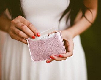 LEATHER Card Case. Credit Card Case. Metallic Leather Wallet. Womens Wallet. Leather Business Card Holder. Pink Wallet