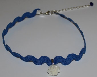 Electric Blue Ric Rac Choker Cabochon Flower Necklace Handmade