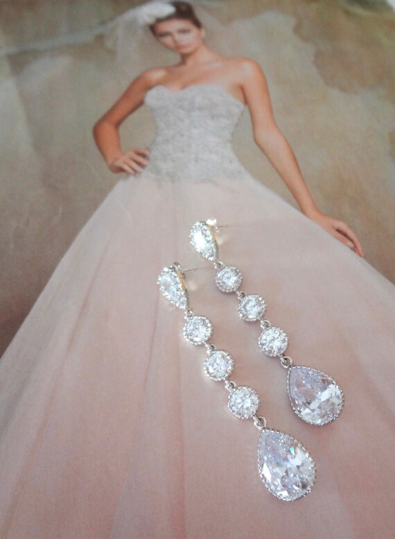 Long Cubic Zirconia earrings Clear Sterling by QueenMeJewelryLLC