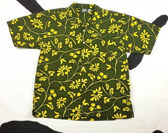 90s OP Green and Yellow Abstract Hibiscus Print Button Down Shirt / Grunge / Skater / Surfer / Y2K / Vaporwave / Rave / Club Kid / Large /