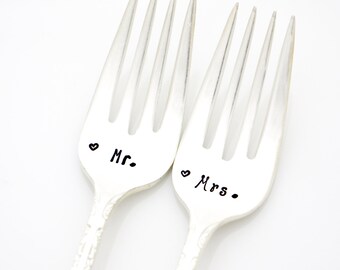 Mr and Mrs forks. Wedding silverware for unique engagement gift.