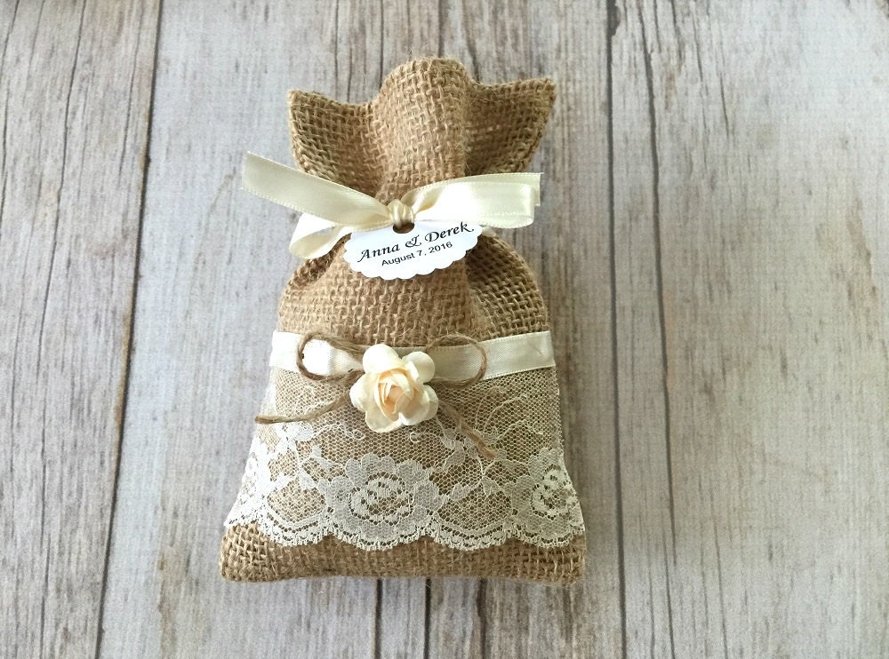 Burlap And Lace Favor Bags With Personazlied Tags And