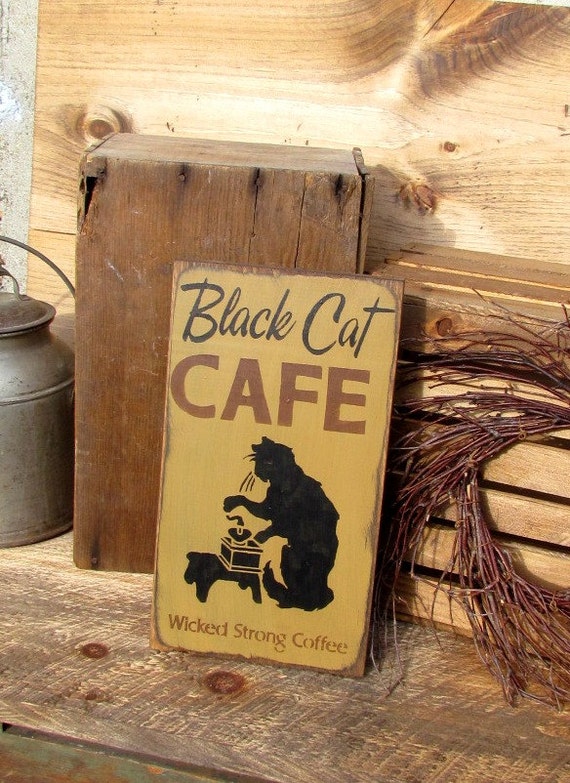 Black Cat  Cafe  Wooden Fall Sign  Autumn Decor Coffee Shop