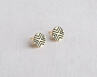 Round Stud Earrings, Black & Gold Stud Earrings, Unique Black Post Earrings, Circle Post earrings, Minimalist Earrings, Gold Plated Earrings