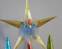 Vintage Yellow Plastic Star & Blue Angel Tree Topper, Vintage Star Tree 