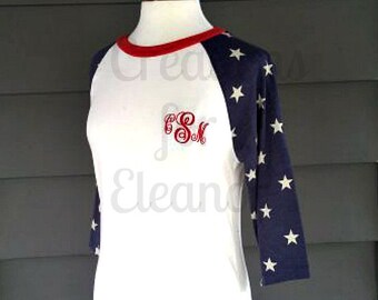 Women's Monogrammed Raglan Sleeve T-shirt, Patriotic T-shirt, Women's Baseball T-shirt, Monogrammed Raglan, Fourth of July, Independence Day
